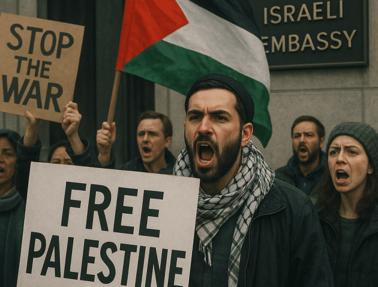 Political protest A free Palestine protest outside the Israeli Embassy, highlighting the political dimension behinds acts sometimes mischaracterized as antisemitism