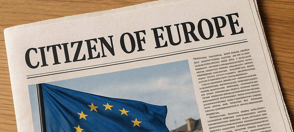 Trump Europe Relation Newspaper on a light desk with European flag on cover and the words Citizen of Europe