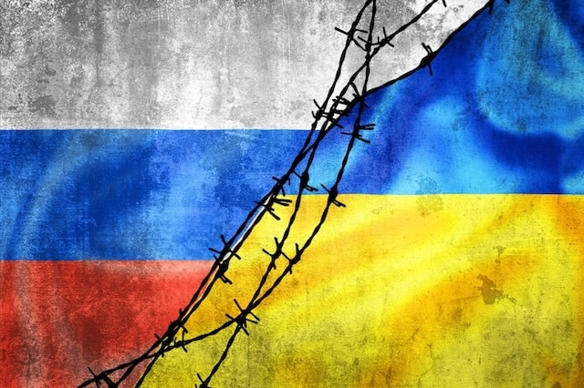 Ukraine Kerch Bridge Attack 2025 Grunge flags of Russian Federation and Ukraine divided by barb wire illustration