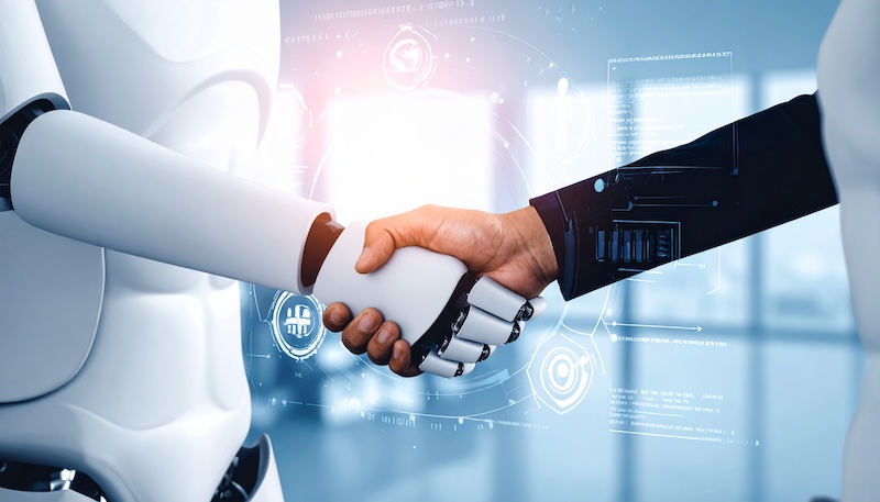 EU AI ACT Firefly_A sleek, futuristic interface showing a human hand shaking hands with a robotic hand, 372363