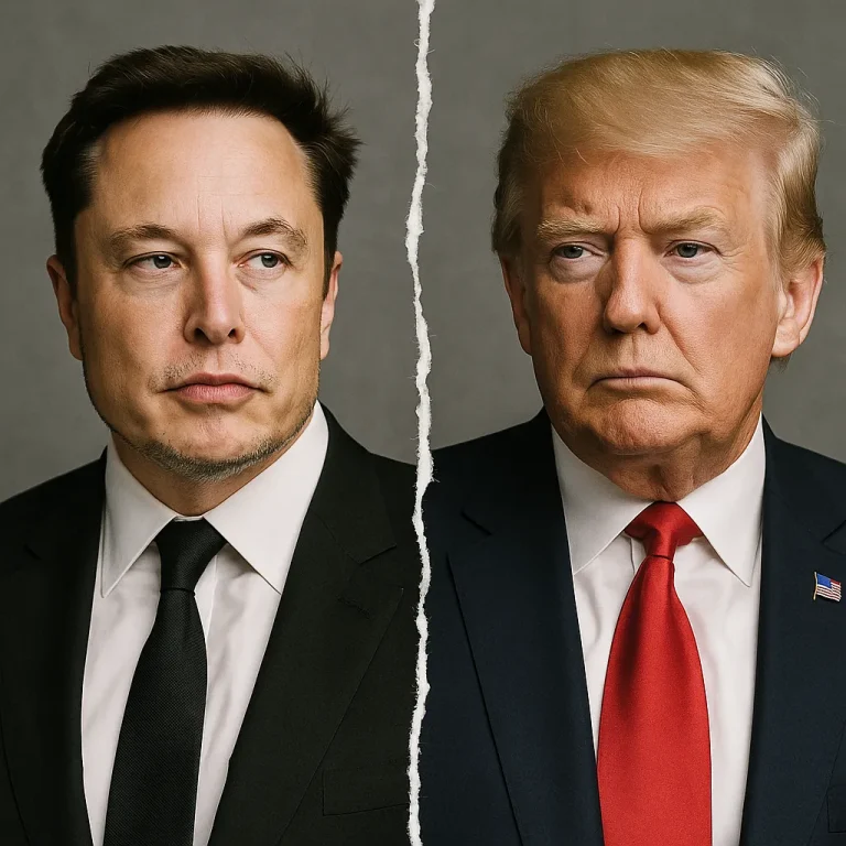 Trump Epstein files Elon Musk in a dark suit and grey back ground on the left trump with dark suit red tie on the right. Photo is ripped in half